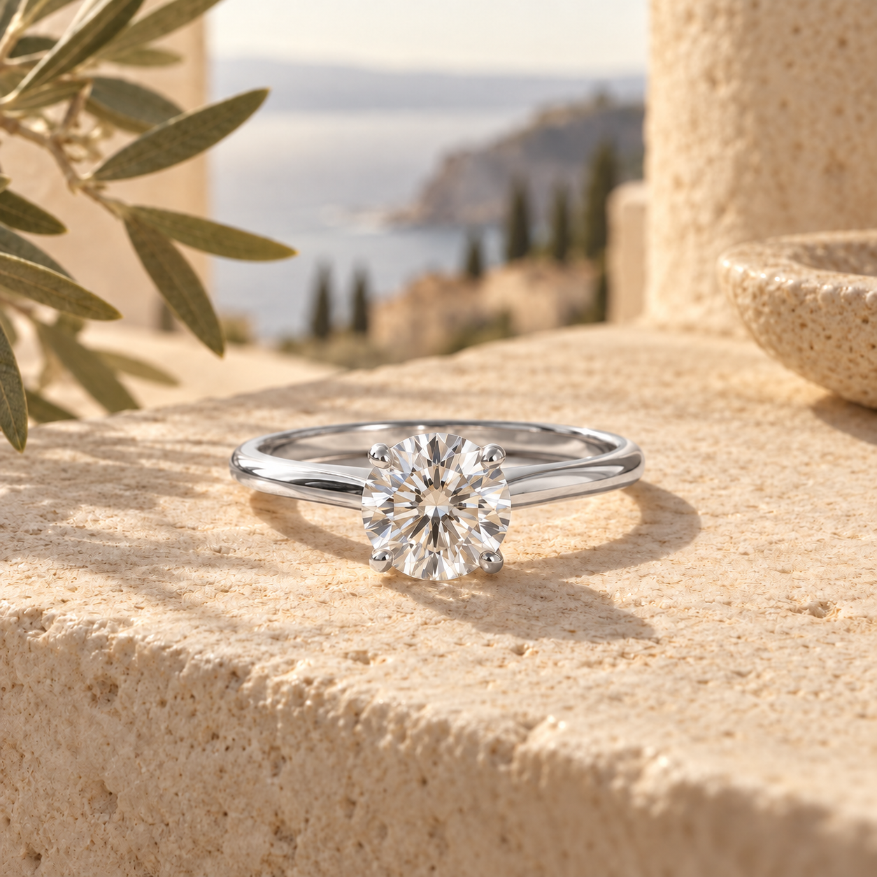 Close detail of a brilliant cut stone in white gold