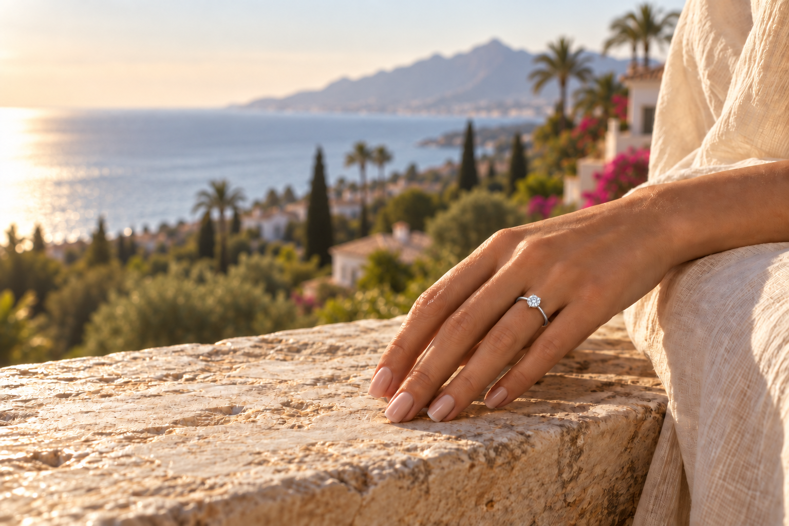 A white-gold solitaire ring in warm Mediterranean light